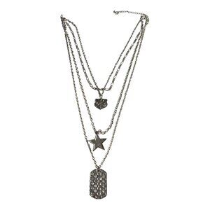 Y2K Layered Silver Tone Necklace with Star Crest and Dog Tag Charms